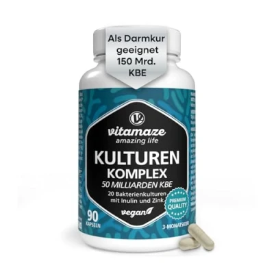 Abbildung von Vitamaze Kulturen Komplex hochdosiert mit 50 Mrd. KBE in 1 Kapsel, 20 Bakterienkulturen für die Darmflora Inulin und Zink, 90 vegane &amp; magensaftresistente Kapseln 3 Monate