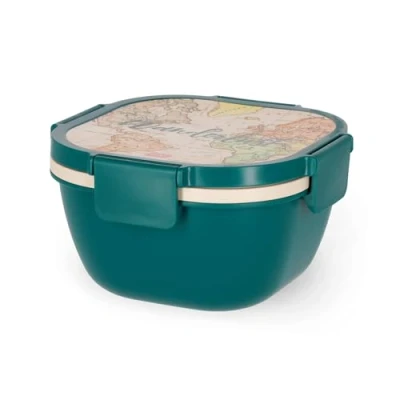 Abbildung von Legami Lunchbox, 1 Gabel und Gewürzdose inklusive, luftdicht, auslaufsicher, Fassungsvermögen 1700 ml, Motiv Travel, 19 x 10,7 cm