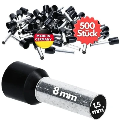 Abbildung von 500 Stück Kalitec AE1508SW Aderendhülsen isoliert 1,5mm² 8mm lang schwarz I Made in Germany Industriequalität