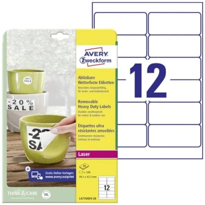 Abbildung von AVERY Zweckform L4776REV 20 Wetterfeste Folienetiketten (240 Aufkleber, 99,1x42,3mm auf A4, selbstklebend, wasserfest, wiederablösbar, strapazierfähig, bedruckbare Outdoor Klebefolie) Blatt, weiß
