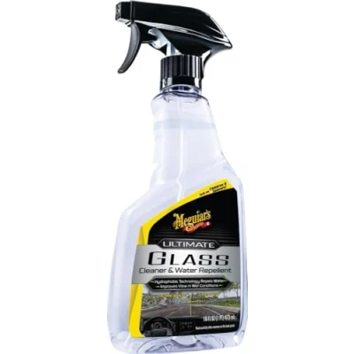 Abbildung von Meguiar&#039;s® Ultimativer Glasreiniger Premium Glas und Fensterreiniger für schnelles Reinigen mit hydrophober Technologie, die als Regenabweiser wirkt Sicht bei Regen verbessert 473 ml