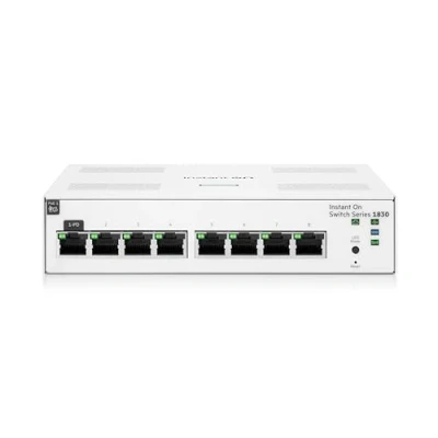 Abbildung von HPE Networking Instant On Switch Serie 1830 Intelligent verwalteter Layer 2 Ethernet mit 8 Port Gb 8X 1G Lüfterlos EU Kabel (JL810A#ABB)