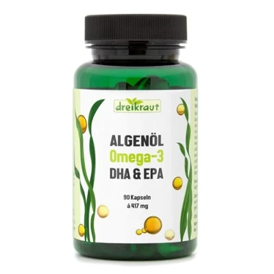 Abbildung von Algenöl Omega 3, dreikraut DHA &amp; EPA, 90 vegane Kapseln, Monatspackung, 1251mg pro Tag, Deutsche Herstellung