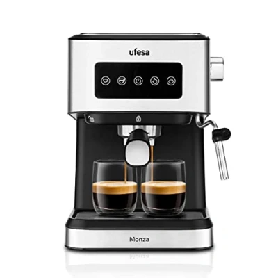 Abbildung von Ufesa Monza Espresso und Cappuccino Kaffeemaschine mit 20 Bar Druck, digitalem Touchpanel, schwenkbarem Dampfdüse, für gemahlenen Kaffee oder E.S.E. Pads, Tassenwärmer Funktion, 1050W, 1,5L Wassertank