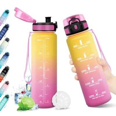 Abbildung von Sportflasche 500ml, Auslaufsicher, Trinkflasche mit Zeitmarkierung und Filter, BPA frei, Kohlensäure Geeignet, Motivierende Wasserflasche für Fitness, Schule, Fahrrad, Yoga, Camping,