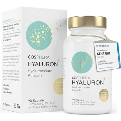 Abbildung von Hyaluronsäure Kapseln hochdosiert mit 500 mg pro Kapsel 90 vegane Hyaluron im 3 Monatsvorrat 700 kDa I Angereichert Zink als Beitrag zum Erhalt normaler Haut und Knochen.