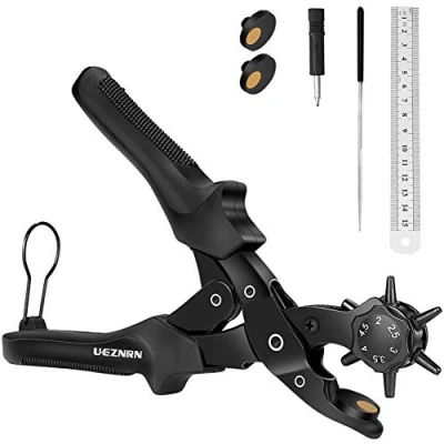 Abbildung von Ueznirn Gürtellochzange Heavy Duty Revolverlochzange Hebelübersetzung Lochzange Gürtel Leder Locher mit 2 Extra Punch Platten, Lineal, Schleifstab, Kunsthandwerk, Karte, Gummi