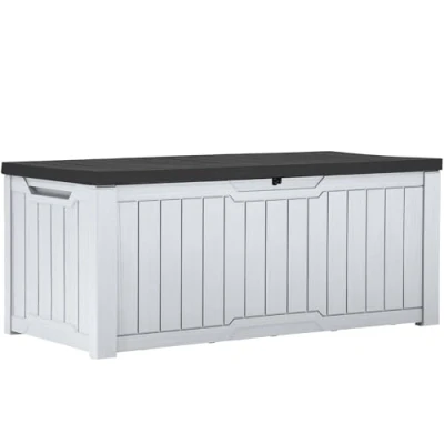 Abbildung von YITAHOME Außenspeicherbox 120 Gallonen wasserdichte Deckbox für Gartengeräte Terrassenkissen Swimmingpool Zubehör verschließbar einfach zusammenzubauen vielseitiger Sitzbank oder Tisch,Schwarz + Weiß