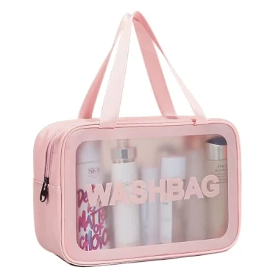 Abbildung von SZDPC Groß Kulturbeutel Damen &amp; Herren, Reise Kulturtasche mit Tragegriff, matt durchscheinende Duschtasche (Pink L)