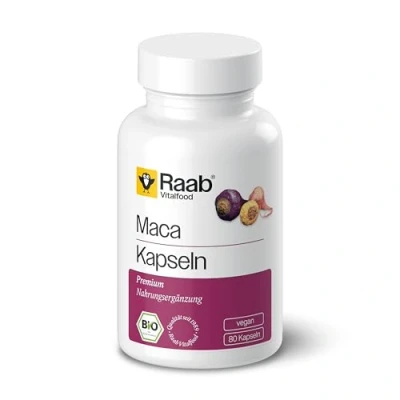 Abbildung von Raab Vitalfood Bio Maca Kapseln, 1x 80 Kapseln à 500 mg, vegan, glutenfrei, Macawurzelpulver aus Peru mit Glucosinolate, ohne Zusätze