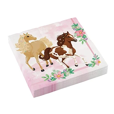 Abbildung von Amscan 9909876 Papier Servietten Pferd, 20 Stück, Größe 33 x cm, Ponys und Blumen, Tisch Dekoration, Kinder Geburtstag, Motto Party