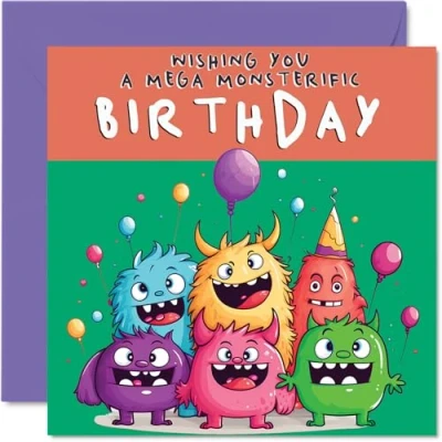 Abbildung von Stuff4 Kinder Geburtstagskarte mit Monstermotiv, Mega Geburtstag, Geburtstagskarten für Sie oder Ihn, 145 mm x mm, Grußkarte Sohn, Tochter, Nichte, Neffe, Enkelkind,