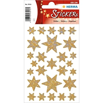 Abbildung von HERMA 3916 Aufkleber Sterne Glitzer Gold, 27 Stück, Stern Sticker aus Hologramm Folie, Weihnachtssticker Sternaufkleber für Weihnachten Geschenke Adventskalender Dekoration Kinder Belohnung Basteln