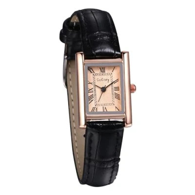 Abbildung von JewelryWe Uhren Damen Leder Rechteckig: Vintage Analog Quarz Armbanduhr Frauen Schwarz Armband Uhr Kleine Damenuhr mit Rosegold Rechteck Römischen Zahlen Zifferblatt