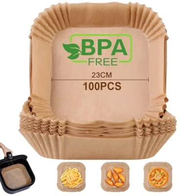 Abbildung von AiQInu Backpapier für Heißluftfritteuse, 100 Stück 23cm BPA frei Airfryer Eckig Wasserdicht Ölfest Pergamentpapier Liner Zubehör, Heißluftfritteuse Ofen Mikrowelle