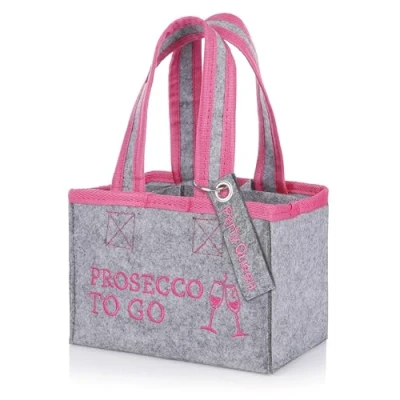 Abbildung von FunX Flaschentasche Prosecco to go Filztasche für 6 Flaschen Grau mit Trageschlaufen und Aufdruck Vielseitig einsetzbar 19x12x14 cm (Getränketasche Anhänger)