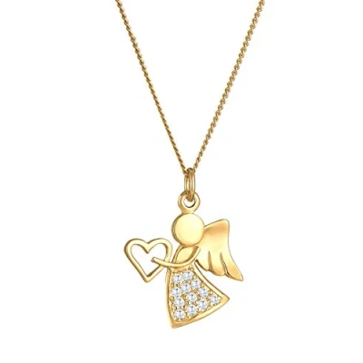 Abbildung von Damen Halskette mit Engel Herz Symbol Anhängern besetzt Zirkonia Kristalle Kette 925 Sterling Silber vergoldet, Goldene Schutzengel für Frauen und Mädchen Länge 45cm