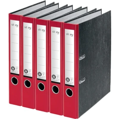 Abbildung von VON Leitz 5er Pack Ordner A4, 100 % Recyclingkarton, 50 mm Rückenbreite, Für 350 Blatt, Marmoriert, Blauer Engel &amp; FSC zertifiziert, Schule, Studium Haushalt, Rot, 10541025