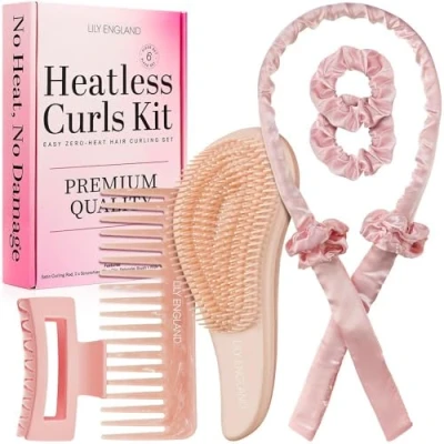 Abbildung von Lily England Lockenwickler für über Nacht 6 teiliges Heatless Curls Set traumhafte Locken ohne Hitze Mit Entwirrungsbürste, Haargummis, Clip &amp; Kamm Satin Stirnband im Schlaf