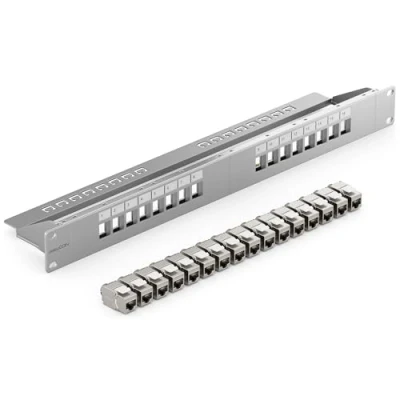 Abbildung von deleyCON 16 Port Patchpanel Set Patchfeld Modular 1 HE 19&quot; Zoll Rackeinbau + 16x RJ45 Keystone Module CAT6a Kompatibel mit CAT5 CAT6 CAT7 LAN Netzwerkkabel Verlegekabel Grau