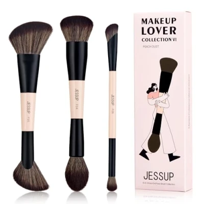Abbildung von Jessup Pinselset Make up Gesichts Pinsel, 6 in 3 Set mit doppelseitig Makeup Pinsel Grundierung Kontur Rouge Highlighter Puder hochwertig synthetisch Pfirsichstaub T508