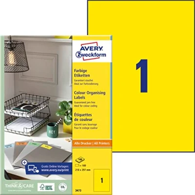 Abbildung von AVERY Zweckform 3473 Gelbe Etiketten (100 Aufkleber, 210x297mm auf A4, permanent haftend, selbstklebende Farbetiketten, Papier matt, bedruckbare, farbige Klebeetiketten) 100 Blatt