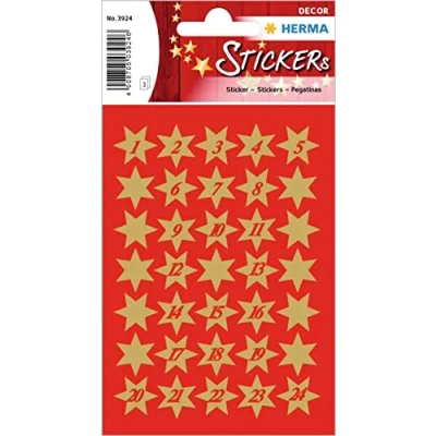Abbildung von HERMA 3924 Aufkleber Sterne Gold Zahlen 1 24 klein, 102 Stück, 14 mm, Stern Sticker aus Papier, Weihnachtssticker Sternaufkleber für Weihnachten Geschenke Adventskalender Dekoration Kinder Belohnung