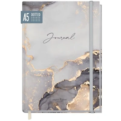 Abbildung von paper&amp;you® Bullet Journal dotted A5 mit Gummiband [Grey Marble] 156 Seiten Notizbuch gepunktet, Tagebuch nachhaltig &amp; klimafreundlich