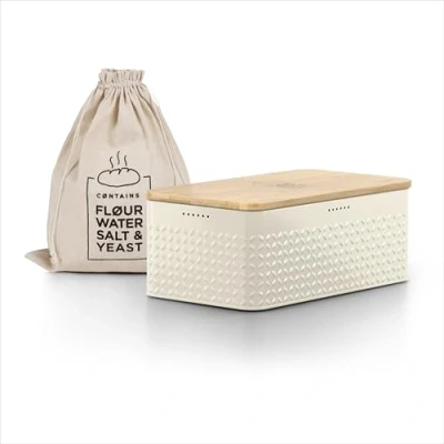 Abbildung von LARS NYSØM Brotkasten I Brotbox aus Metall mit Brotsack Leinen für langanhaltende Frische Brotdose hochwertigem Bambusdeckel verwendbar als Schneidebrett 34x18,5x13,5cm (Almond Beige)