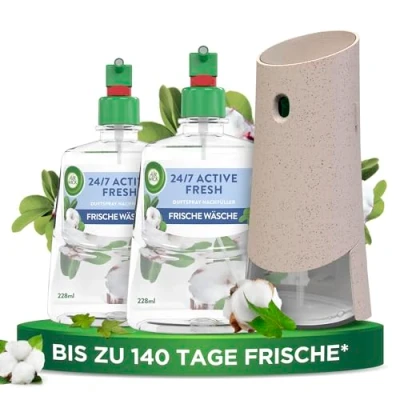 Abbildung von Air Wick Active Fresh Starter Set Aeorosolfreier, automatischer Lufterfrischer Raumduft Frische Wäsche 2 x 228 ml Nachfüller + Gerät
