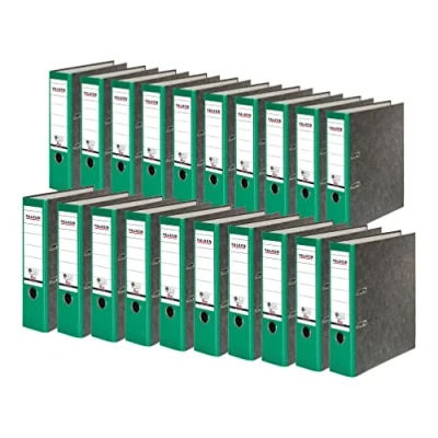 Abbildung von Original Falken 20er Pack Recycling Ordner Wolkenmarmor. Made in Germany. 8 cm breit DIN A4 grüner Rücken Ringordner Aktenordner Briefordner Büroordner Pappordner CO2 Neutral Blauer Engel