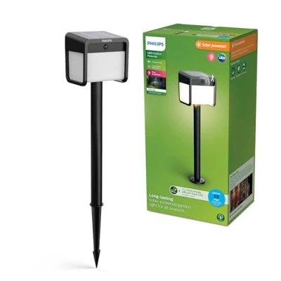 Abbildung von Philips Ezra ultraeffiziente Solar Sockelleuchte für den Außenbereich mit Sensor, 3000K weißes Licht, 250/25lm, Schwarz