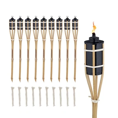Abbildung von Relaxdays Gartenfackeln für draußen, 10er Set, 60 cm, Bambusfackeln Gartenparty Deko, Ölfackeln mit Ersatzdocht, Natur