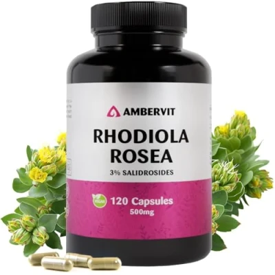 Abbildung von Rhodiola Rosea Rosenwurz Kapseln Hochdosiert 500mg mit 3% Salidroside 120 stück Vegan Radiola Wurzel Extrakt Keine Künstlichen Füllstoffe, Allergen Frei Ambervit