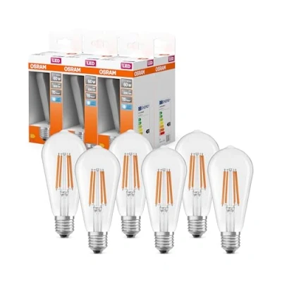 Abbildung von Osram LED Star Globe Lampe in klassischer Edison Kolbenform, 6.5 W / 806 lm, 4000 K für kaltweißes Licht, CRI 80, klares bleifreies Glas, E27 Sockel, IP20, EEK E, 64mm DM,6 Pack