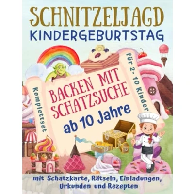 Abbildung von Schnitzeljagd Kindergeburtstag: Backen mit Schatzsuche ab 10 Jahre: Komplettset für 2 Kinder Schatzkarte, Rätseln, Einladungen, Urkunden und Rezepten (Partyspiele Kinder)