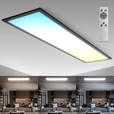 Abbildung von B.K.Licht LED Deckenlampe mit Fernbedienung, ultraflach, einstellbar von warmweiß bis kaltweiß, Panel, Deckenleuchte, Lampe, Wohnzimmerlampe, Schlafzimmerlampe, 100x25x6,5 cm, Schwarz