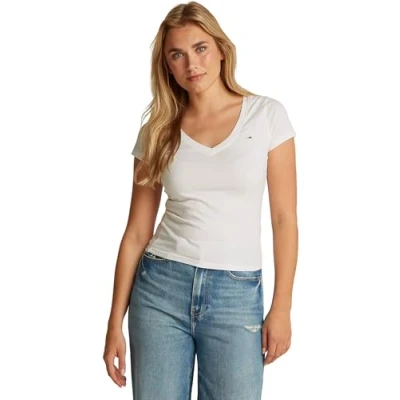 Abbildung von Tommy Jeans SLIM Vneck Tshirt basic, Damen, Größe: 34, Ecru