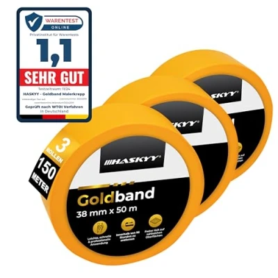 Abbildung von HASKYY Goldband Malerkrepp Kreppband 3x Malerband 38mm x 50m Profi Abdeckband Malertape Klebeband Washi Tape Gold Papiertape Selbstklebend
