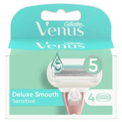 Abbildung von Gillette Venus Deluxe Smooth Sensitive Ersatzklingen für Damenrasiermaschine, 4 Stück, Maschinensets mit 5 Klingen und Skinelixir Feuchtigkeitsband
