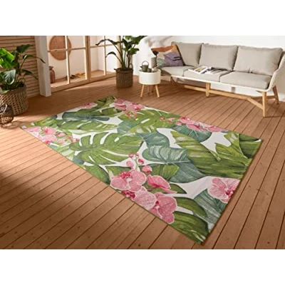 Abbildung von Hanse Home Tropical In &amp; Outdoor Teppich Flachgewebe Aussenteppich, Jungel Florales Palmen Design, ÖKO TEX Wetterfest UV beständig für Balkon, Terrasse, Garten, Wohnzimmer Bunt, 120x180cm