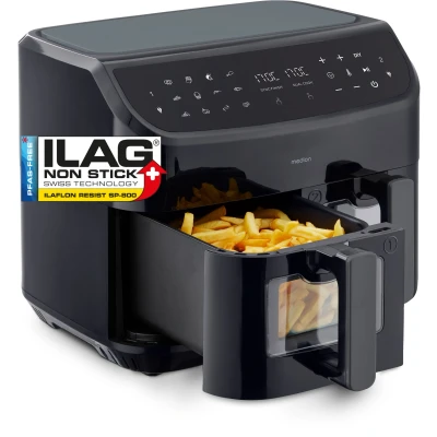 Abbildung von MEDION P20 XXL Heißluftfritteuse mit 2 Kammern (8,7 Liter, 2.600 Watt, Doppelkammer, 9 Automatikprogramme, Schubladen, Sichtfenster, Dualer Airfryer, Dual Cook &amp; Sync Finish Funktion)
