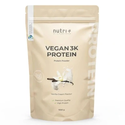 Abbildung von Nutri + Vegan Protein Pulver Vanille 1 kg 81% Eiweiß 3k Proteinpulver 1000 g Shake Vanilla Cream Flavor pflanzliches Eiweißpulver ohne Zucker