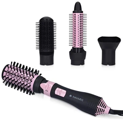Abbildung von Navaris Warmluftbürste mit 4 Aufsätzen Stylingdüse Thermobürste Rundbürste einziehbaren Borstenreihen Paddle Brush Keramik Locken Bürste,HaarglättungVolumisierend, Schwarz