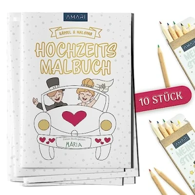 Abbildung von AMARI ® Hochzeitsmalbuch 10er Set inkl. Buntstifte Gastgeschenk für jede Hochzeit Kinder Malbuch als Beschäftigung, Gäste Notfallkörbchen Gastgeschenke Unterhaltung