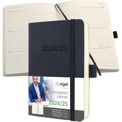 Abbildung von SIGEL C2407 Terminplaner Wochenkalender 2023/2024, ca. A6, schwarz, Softcover, 240 Seiten, Gummiband, Stiftschlaufe, Archivtasche, PEFC zertifiziert, 18 Monatskalender, Conceptum