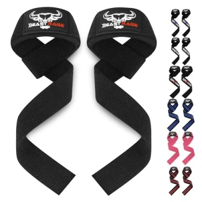 Abbildung von BEAST RAGE Zughilfen für Krafttraining (Fitness Straps) Kreuzheben Gurte Frauen Männer (Gepolstert) Gewichthebergurte Baumwolle Handgelenkstütze Griffe Hantel Bar (Lifting Straps)(Schwarz)