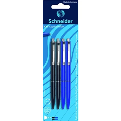 Abbildung von Schneider K 15 Druckkugelschreiber (dokumentenechte Mine Strichstärke M, Schreibfarbe: schwarz/blau) 4er Blisterkarte schwarz/blau