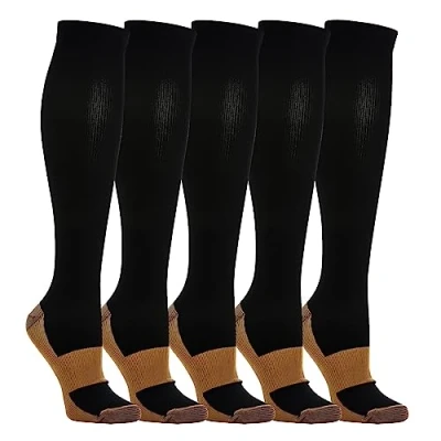 Abbildung von 5 Paar Kompressionsstrümpfe Kniestrümpfe Stützstrümpfe Laufsocken für Damen &amp; Herren, Sport, Laufen, Flug, Reisen, Schwangerschaft, Medizinische Kompressionssocken (Schwarz&amp;Braun, l)
