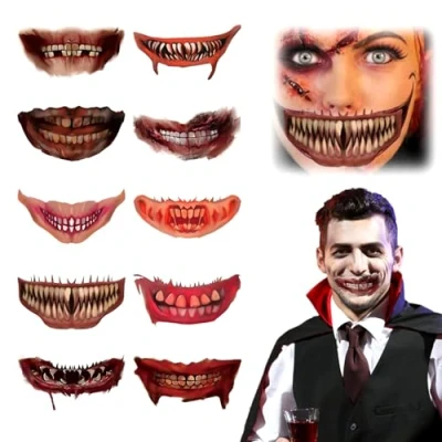 Abbildung von Halloween Mund Tattoo,Jusduit Skull Gesichtsaufkleber Tattoos Set 10 Blätter Wasserdichte Kindertattoo Temporäre Kinder Aufkleber für Mädchen Jungs Kindergeburtstag Mitgebsel Party